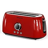 Morpilot Toaster 4 Scheiben Langschlitz Toaster Edelstahl Langschlitztoaster mit Krümelschublade, 6 Stufen, Led Anzeige für Große Toastscheiben Brötchen Baguette, Vintage Retro Rot Platzsp