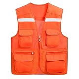 fhda Mesh Multi-Pocket Safety Weste, Nacht High-Sichtbarkeit Reflektierende Weste Reißverschluss, Männer Frauen Reiten leiten leichte Ausrüstung hell (Color : Orange, Größe : 24 inchs)