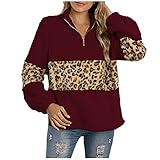 Xmiral Damen Plüsch Pullover Leopardenmuster Verdickung Langarm Reißverschluss Stehkragen Sweatshirt Mantel Oberteil (Rot, XL)