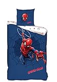 Familando Spiderman Wende Bettwäsche Set · 135x200 80x80 · 100% Baumwolle · Kinderbettwäsche für Mädchen und Jungen (Blau Rot Weiss)