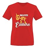 Comedy Shirts - Das letzte Einhorn - Skelette - Herren V-Neck T-Shirt - Rot/Weiss-Gelb Gr. M
