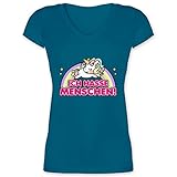 Sprüche Statement mit Spruch - Ich Hasse Menschen - Einhorn - XL - Türkis - Ich Hasse Menschen - XO1525 - Damen T-Shirt mit V