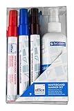 Whiteboard Marker Set - 3 Marker in Schwarz Rot Blau + 1 magnetischer Schwamm + 100ml Reinigungsspray + 4 Magnete - Zubehör Set geeignet für jedes Whiteboard - perfektes S