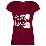 Frauen Geschenk Damen - Die TUT nix Die Will nur Wein - Hand mit Glas weiß - L - Bordeauxrot - Statement - XO1525 - Damen T-Shirt mit V