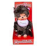 Sekiguchi 255550 - Original Monchhichi Mädchen, Plüsch-Figur mit weiß-pinkem Latz und Zöpfen mit Schleifen, ca. 20 cm großes Kuscheltier aus braunem Plü