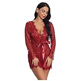 Damen Dessous Spitzen Kimono Sexy Kleid Morgenmantel Spitze Robe Transparent Lingerie Negligees mit Satin Gürtel und G-String Mesh Kurz Reizwäsche Pyjama Cardig