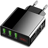 Eaxus® USB Ladegerät 3A - 3 Port Handy Netzteil mit LCD-Display & Schnellladefunktion, Schw