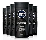 NIVEA MEN Deep Shower Gel 6er Pack (6 x 250 ml), Gesichts-, Haar- und Körperwaschgel, schwarze Holzkohle, Duschgel, 24H tiefenreinigend und belebend, Duschgel für H