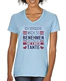 Comedy Shirts - Ich versuche Mich zu benehmen. Tante - Damen V-Neck T-Shirt - Hellblau/Lila-Fuchsia Gr. M