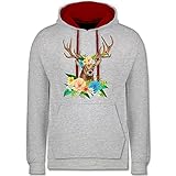 Shirtracer Kompatibel mit Oktoberfest Damen Trachtenshirt - Hirsch mit Blumen - S - Grau meliert/Rot - Oktoberfest - JH003 - Hoodie zweifarbig und Kapuzenpullover für Herren und D