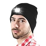 LED Beanie Mütze mit Licht, Unisex USB wiederaufladbare Hände frei 4 LED Scheinwerfer Kappe, wärmer Winter Strickmütze, einstellbare Helligkeit Nachtlicht Hut Taschenlampe Frauen Männer - Schw