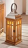 Dekoleidenschaft Laterne „Wood“, 40 cm hoch, Windlicht aus Holz mit Glas, Metalldach & stabilem Henk