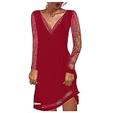 Hirolan A Linien Kleid Damen Sexy Retro Kleider Minikleid Langarm Boho Kleider Spitzenkleider V-Ausschnitt Festlich Kleider Gothic Kleider Durchsichiges Kleid Chiffonkleid Damen Abendk