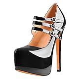 Only maker Damen Elegante Riemchenpumps Plateau Lack High Heels Stiletto Pumps Lack Schwarz 41 EU