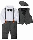 SANMIO Baby Jungen Bekleidung Set, Taufe Junge 3tlg with Fliege + Weste + Hut Gentleman Langarm Anzug Outfit für Festlich Geburtstag Hochzeit, 6-9 Monate(Körpergröße 70), G