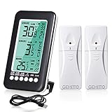 GEMITTO Thermometer Innen Ausen Wetterstation mit 2 Außensensoren Kühlschrankthermometer MIN / MAX für Babyraum Wohnzimmer Büro Raumluftüerwachtung