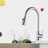 Kitchen Tap Küchenarmatur Einhand-High Arc-Wasserhahn mit Pull Down Sprayer Moderne kommerzielle Doppelfunktions-Spülbecken-Wasserhahn mit 2 Sprühmodi 360 ° Swivel High Arc-Rostbeständig Edelstahl-H