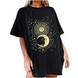 Watopia T Shirt Billig Lose Mode Retro Classic Sonne und Mond Drucken Tunika Gebatikt Baggy Toppe Oberteile Pullunder Beste Vintage Casual Oversize Rundhals Kurzarm Blusen Geschenk