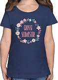 Geschwister Schwester Geschenk - Große Schwester Blumen - 116 (5/6 Jahre) - Dunkelblau Meliert - ich werde Grosse Schwester - F131K - Mädchen Kinder T-S