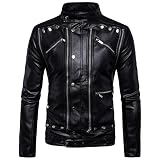 Kunstleder-Jacke mit Stehkragen für Herren Vintage Motorrad Kausale Gürteljacken PU Reißverschluss Biker Mantel Oberbekleidung (XL,Schwarz)