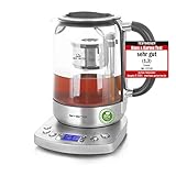 Emerio WK-122248 Glas Teekocher Wasserkocher TESTSIEGER mit Note 1.3 vollautomatisches Teesieb Absenkautomatik Borosilikatglas BPA frei 1.7l Volumen Temperaturwahl 2200 Watt Schwarz/Silb