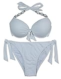 EONAR Damen Seitlich Gebunden Bikini-Sets Abnehmbar Bademode Push-up-Bikinioberteil mit Nackenträger, Weiß, (Größe:40-42)70D/75D/80C/85B