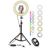 Keenstone Ring Light mit Stativ, 10 Zoll LED Licht Ring mit Bluetooth-Steuerung, 8 Farben RGB mit 10 Helligkeitsstufen, Ring Selfie für Make-up Live Stream TikTok YouTub