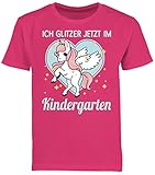 Kindergarten Geschenk Outfit - Einhorn mit Herz - Ich Glitzer jetzt im Kindergarten - 104 (3/4 Jahre) - Fuchsia - Kindergartenkind Tshirt mädchen - F130K - Kinder Tshirts und T-Shirt für Jung