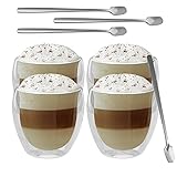 GoMaihe Latte Macchiato Doppelwandige Gläser 250ml 4er Set und 4 Löffel, Cappuccino Tassen Eiskaffee Becher Kaffeetasse Teegläser Thermogläser Doppelwandig, Kaffeegläser Coffee Cup Mokk