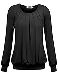 DJT Damen Langarmshirt Rundhals Falten T-Shirt Stretch Tunika Schwarz L