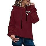 Damen Kapuzenpullover Kawaii Hoodie Pullover Frauen Langarm Oberteile mit Kapuze Pulli Herbst Winter Casual Bluse Tops Liebesdruck Jumper Cute Einfarbig Langarmshirt mit Tasche(Wein,3XL)