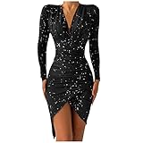 Lazzboy Businesskleider Damen Bodycon V-Ausschnitt Frauen Sexy Tiefem Mantel Langarm Unregelmäßiger Saum Kleid Dinner Party Bankettkleid Kleider Casual Knielang Freizeitkleid (Schwarz,XL)