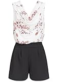 Styleboom Fashion® Damen Kurz Jumpsuit Wickeloptik Blumen Print Short Jumper Weiss schwarz rosa, Gr:S