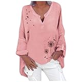 Komiseup Leinenbluse Damen Oversize Leinenbluse Damen Oversize Bluse Damen Sommer Casual V-Ausschnitt Große Größen Leinentops Lose Blusenshirt Damen Elegant Langarmshirt Baggy Hemd Tunika Ob