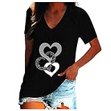 Berteile Damen Elegant Bluse Casual Locker V Ausschnitt Herzmuster Sommer T Shirt Basic Shirt Kurzarm Tops(Schwarz,XL)