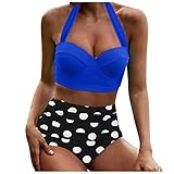 RMBLYfeiye Damen Bademode Zweiteilige High Waist Bikini Set Retro Stil Bademode Push Up Pads Badeanzug Neckholder Oberteil Bandeau Strandmode Sportlich Bademode für F