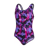 Speedo Allover Splashback Mädchen Badeanzug, Schwarz/Begonia/Galactic Purple, 7-8 J