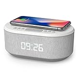 Radiowecker Digital mit USB-Ladegerät, Bluetooth-Lautsprecher, Kabelloses Laden, Wecker Digital Alarm Clock mit dimmbares LED-Display – Netzbetrieb Digitaler Wecker ohne Ticken (Weiß)