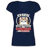 Sprüche Statement mit Spruch - Ich Hasse Morgen-Menschen - Katze - beige - 3XL - Dunkelblau - Ich Hasse Morgen-Menschen - XO1525 - Damen T-Shirt mit V