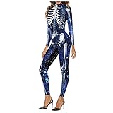 ROYIYI Jumpsuit Halloween Kostüm Damen Skelett Overall Jumpsuit Knochen Skeleton Anzug Karneval Fasching (Blau B, S)