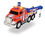 Dickie Toys 203306014 Tow Truck, Abschleppfahrzeug mit Abschleppstange & verschiebbarem Haken, Spielzeugauto mit Freilauf, Licht & Sound, amerikanischer Look mit Chromteilen, 31,5 cm groß, rot/b