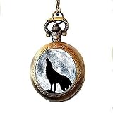 xinzhahi Taschenuhr Halskette Wolf und Mond, Wölfe heulen im Mond Taschenuhr Halsk