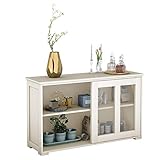 COSTWAY Sideboard mit höhenverstellbarer Ablage, Anrichte mit Glas Schiebetüren, Küchenschrank, Highboard, Buffet-Schrank, Esszimmerschrank ideal für Flur, Küche, Esszimmer und Wohnzimmer (Cremeweiß)