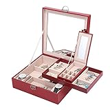ADDG Basuwell Jewelry Organizer Ohrring Ring Trays Schmuckschatulle mit großem Spiegel für Frauen und Mädchen Halskette Armband Aufbewahrungsgehäuse mit Schloss PU Leder R