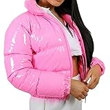 YAOTT Weibliche Glänzende Kurze Daunenjacke,Winter Warme Weich Flauschig Full-Zip Daunenjacke,Einfarbiger Übergröße Elegantes Retro Stehkragen Baumwolljacke,Rosa,L