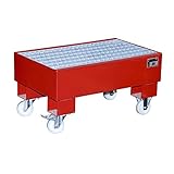 EUROKRAFTpro StahL-Auffangwanne für 60-L-Fass | fahrbar | LxBxH 800 x 500 x 415 mm | Lackiert rot RAL 3000 | mit G