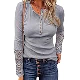 Bartira Henley Damen-Top, Langarmshirts für Damen, sexy V-Ausschnitt, gerippte Spitze, Knopfleiste, einfarbig, Basic-Passform, Tunika-T-Shirt, lässige Oberteile, grau, 46