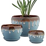 ETGLCOZY Keramik-Übertopf mit Ablaufloch und Untersetzer, 17 cm, 13 cm, 10 cm, rund, modern, Blumentöpfe für Zimmerpflanzen, 3er-Set (blau)