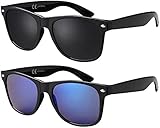 La Optica B.L.M. Herren Sonnenbrille UV400 CAT 3 Damen Unisex Retro Vintage - Doppelpack Set Glänzend Schwarz (Gläser: Grau, Blau Verspiegelt)