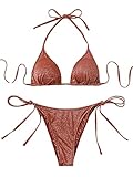 SOLY HUX Damen Metallic Neckholder Top Zweiteiliger Badeanzug Tie Side Triangle Bikini, Rostbrauner Glitzer, S